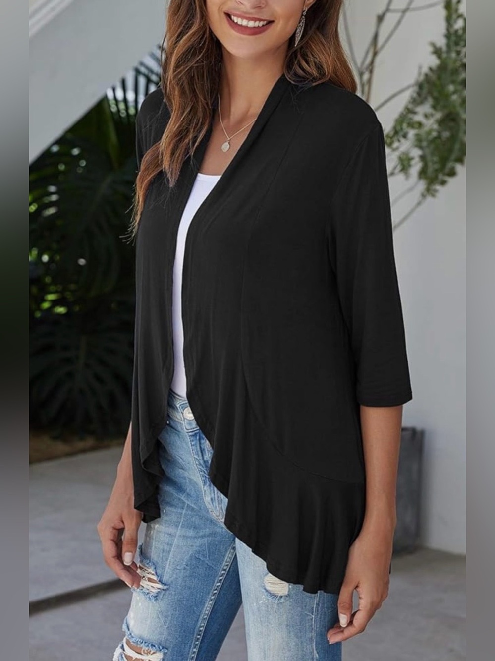 Women Lightweight Open Front Cardigan Soft Draped Ruffles 3/4 sleeve Cardigan